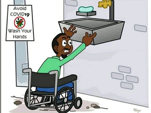 Cartoon of disabled person trying to wash hands but tap is too high (source:Mdogo) 