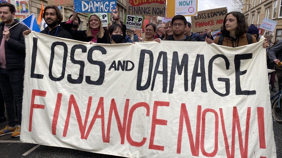 Loss and Damage Finance Now banner, 5th Nov 2021 March Glasgow during COP26