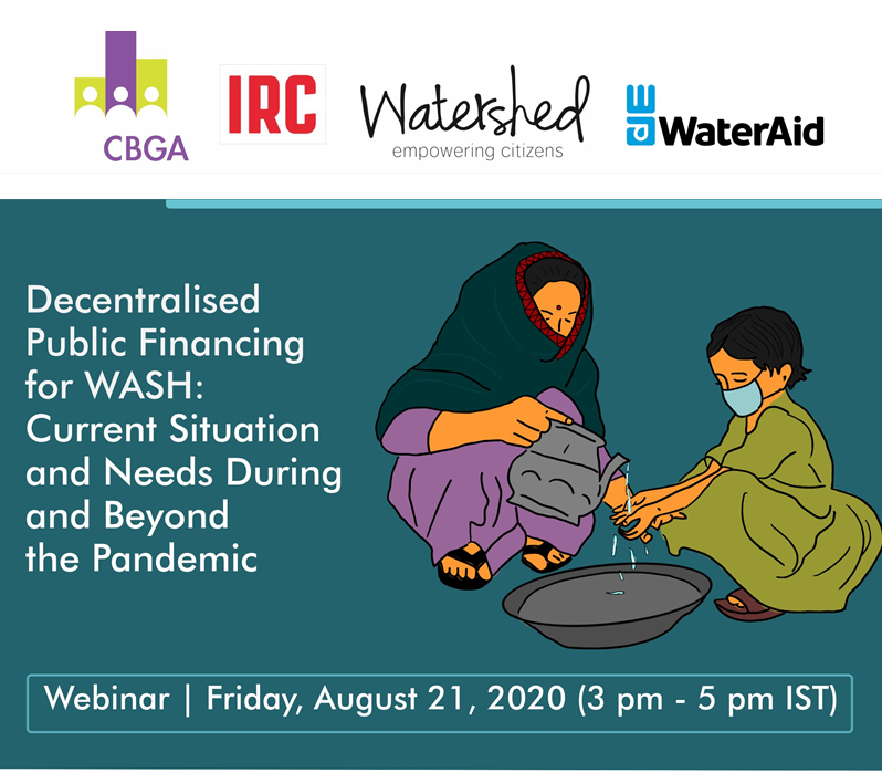 Logo Webinar on Decentralised Public Financing for WASH - mother pouring water on child's hand